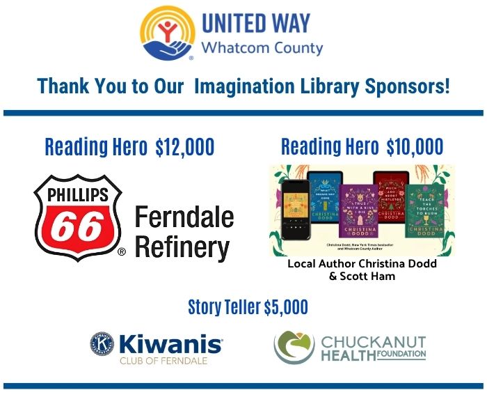 Sponsors Graphic: Reading Heros are Philips 66 Ferndale Refinery and Author Christina Dodd + Scott Ham. Story Teller Sponsors are Kiwanis Club of Ferndale and Chuckanut Health Foundation.