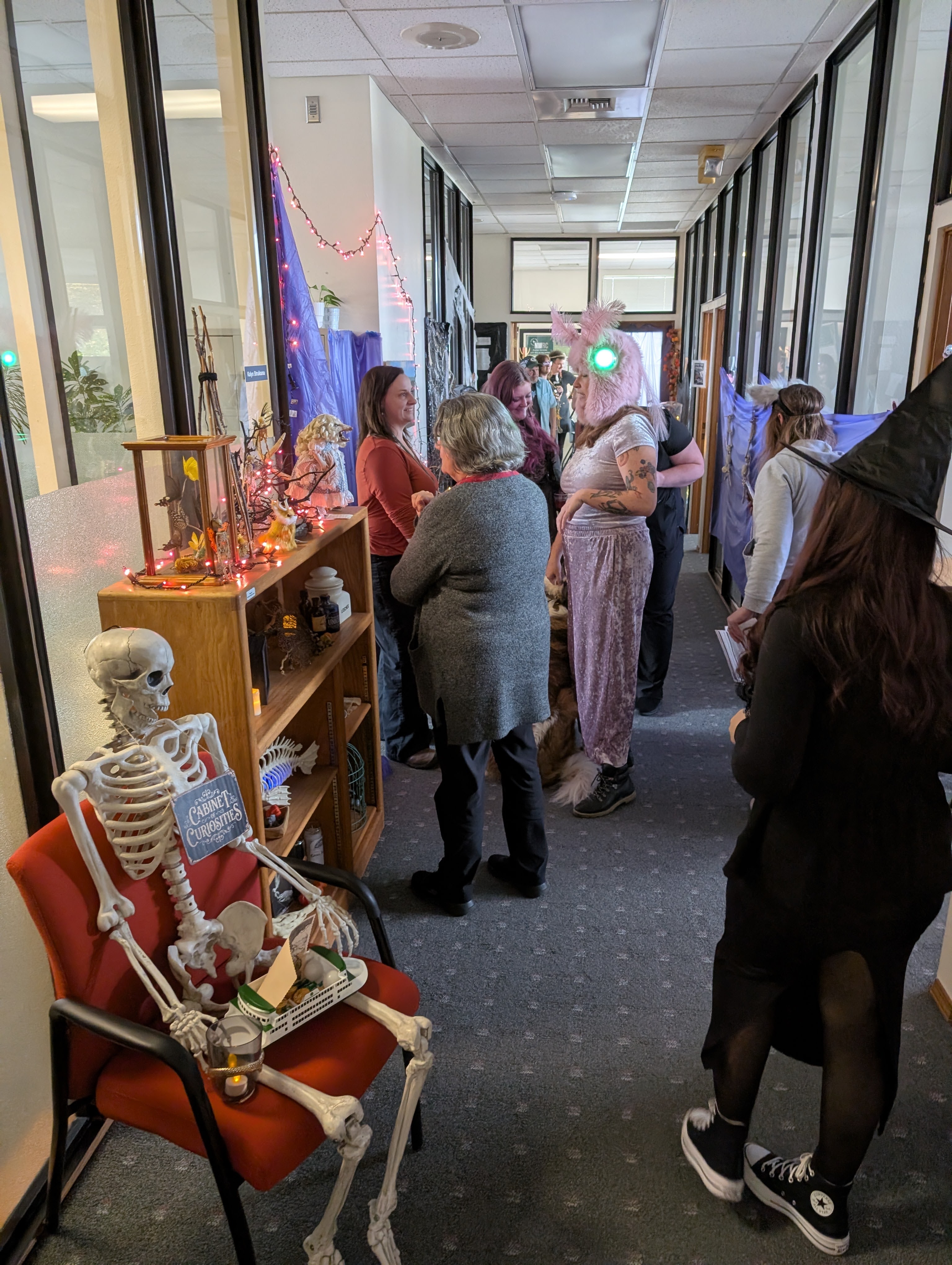 Northwest Regional Council Staff Mingle in the Hallway in costumes at their Halloween Office Crawl